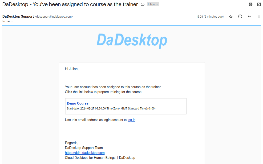 Trainer receives an email about course assignment